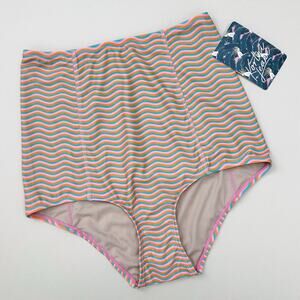 Kourtni Jean Pink Orange High-Waisted Retro Wave Full Coverage Swim Bottoms NWT